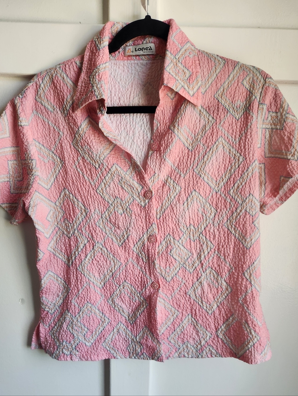 Vintage Textured Seersucker Blouse | Soft Pink Geometric Print | Elevated Resort